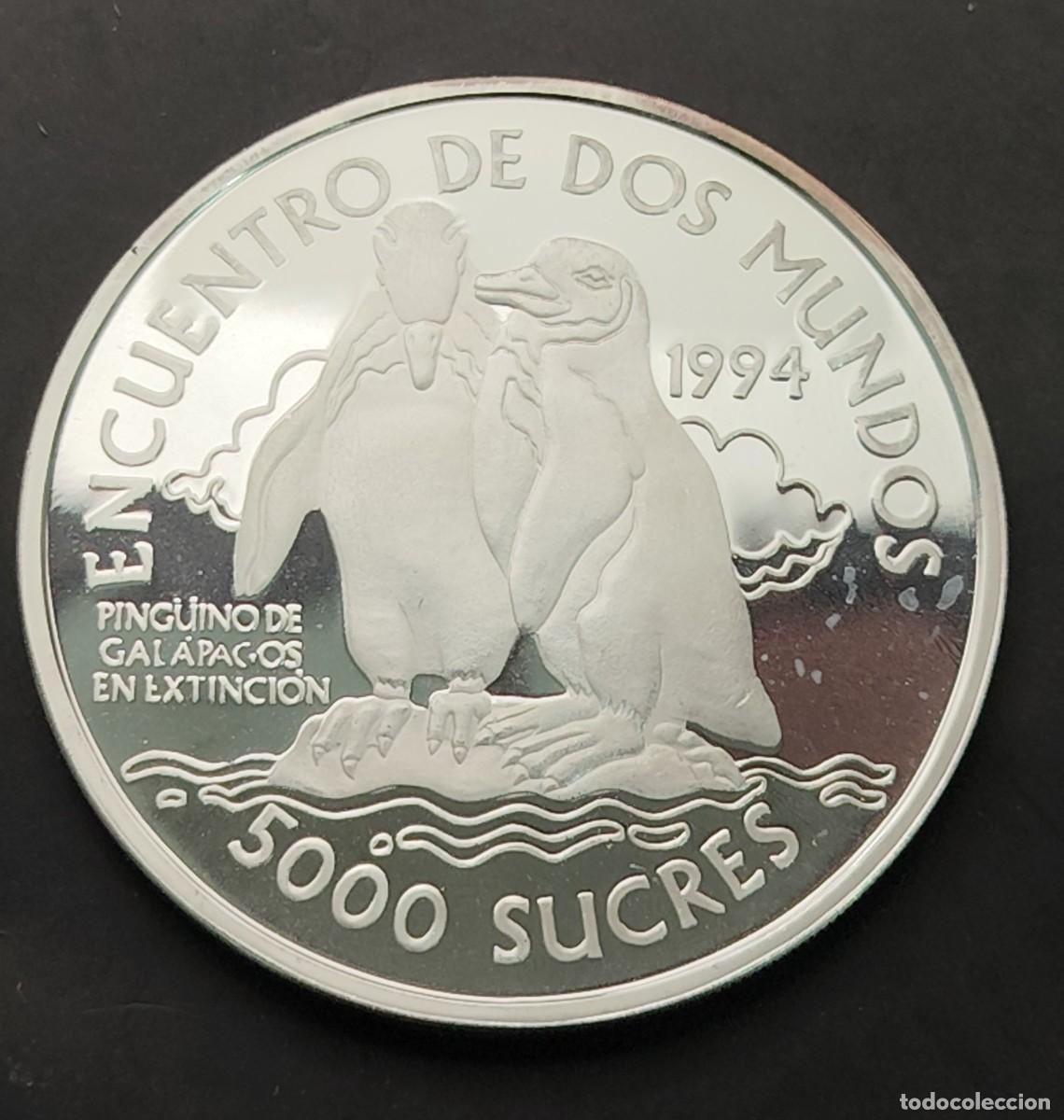 Old Coins of America: ECUADOR A&Ntilde;O 1994 , 5000 SUCRES PLATA ( 925 ) PINGUINO. PESO 27 GR