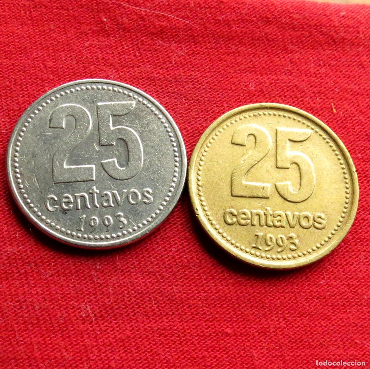Moedas antigas da Am&eacute;rica: Argentina 2 x 25 centavos 1993 dif.