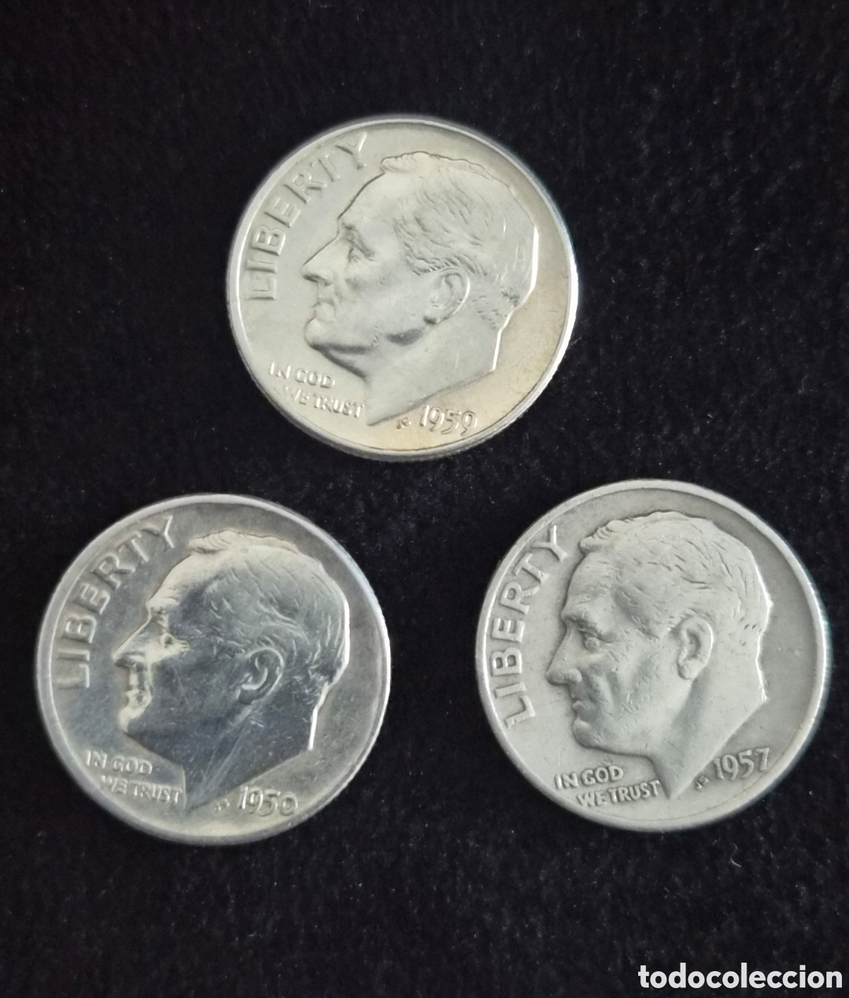 Monete antiche di America: Lote de 3 Monedas de Plata &ndash; 1 Dime Roosevelt &ndash; Estados Unidos &ndash; 1950, 1957 y 1959