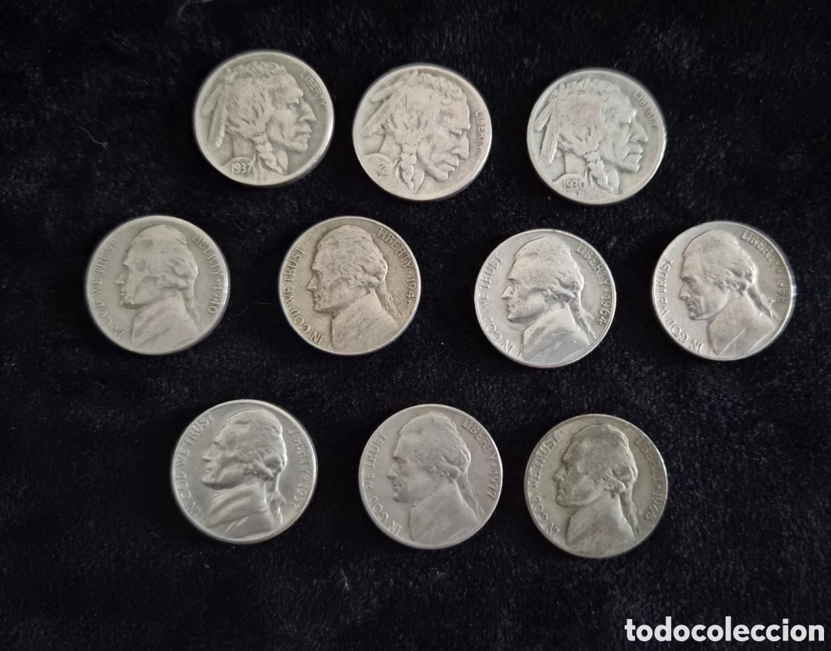 Moedas antigas da Am&eacute;rica: Lote 10 Monedas Estados Unidos &ndash; 5 Centavos &ndash; Buffalo Nickel y Jefferson Nickel &ndash; Siglo XX