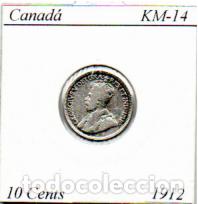 Monedas antiguas de Am&eacute;rica: CANAD&Aacute; (TERRANOVA) 1912 (1), 10 CENTS, KM-14, AG, MBC; 19,95 &euro; 1