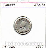 Monedas antiguas de Am&eacute;rica: CANAD&Aacute; (TERRANOVA) 1912 (3), 10 CENTS, KM-14, AG, MBC; 19,95 &euro; 1
