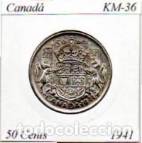 Monedas antiguas de Am&eacute;rica: CANAD&Aacute; 1941, 50 CENTS, KM-36, AG, EBC; 19,95 &euro; 1