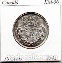 Monedas antiguas de Am&eacute;rica: CANAD&Aacute; 1942, 50 CENTS, KM-36, AG, EBC; 19,95 &euro; 1