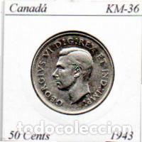 Monedas antiguas de Am&eacute;rica: CANAD&Aacute; 1943 (2), 50 CENTS, KM-36, AG, MBC; 19,95 &euro; 1