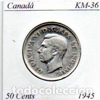 Monedas antiguas de Am&eacute;rica: CANAD&Aacute; 1945 , 50 CENTS, KM-36, AG, MBC; 19,95 &euro; 1