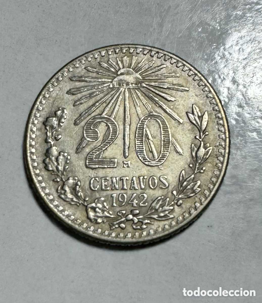 Monedas antiguas de Am&eacute;rica: 20 centavos Mexico 1942. Plata.