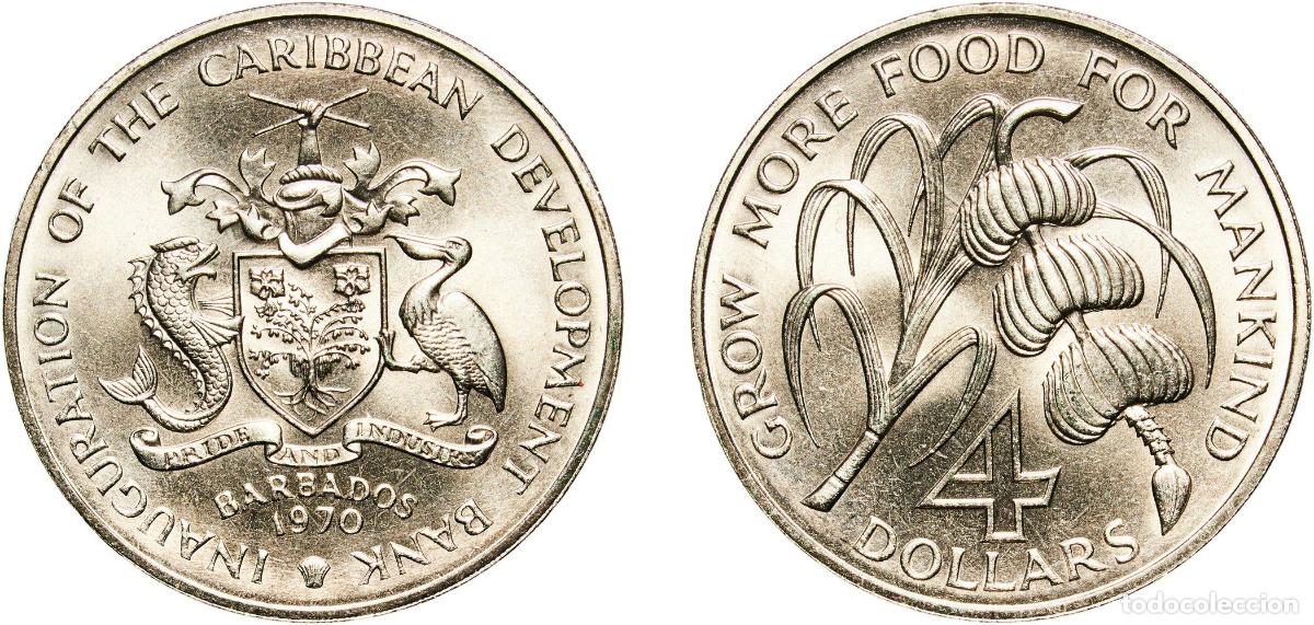 Monedas antiguas de Am&eacute;rica: Barbados Commonwealth 1970 4 Dollars - Elizabeth II (FAO) Copper-nickel (75% Copper, 25% Nickel) Ro