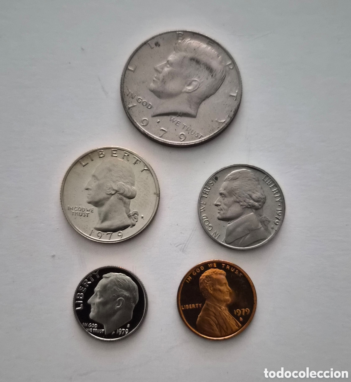 Monedas antiguas de Am&eacute;rica: Estados Unidos &ndash; Lote 5 Monedas 1979 &ndash; Kennedy, Washington, Jefferson, Roosevelt y Lincoln
