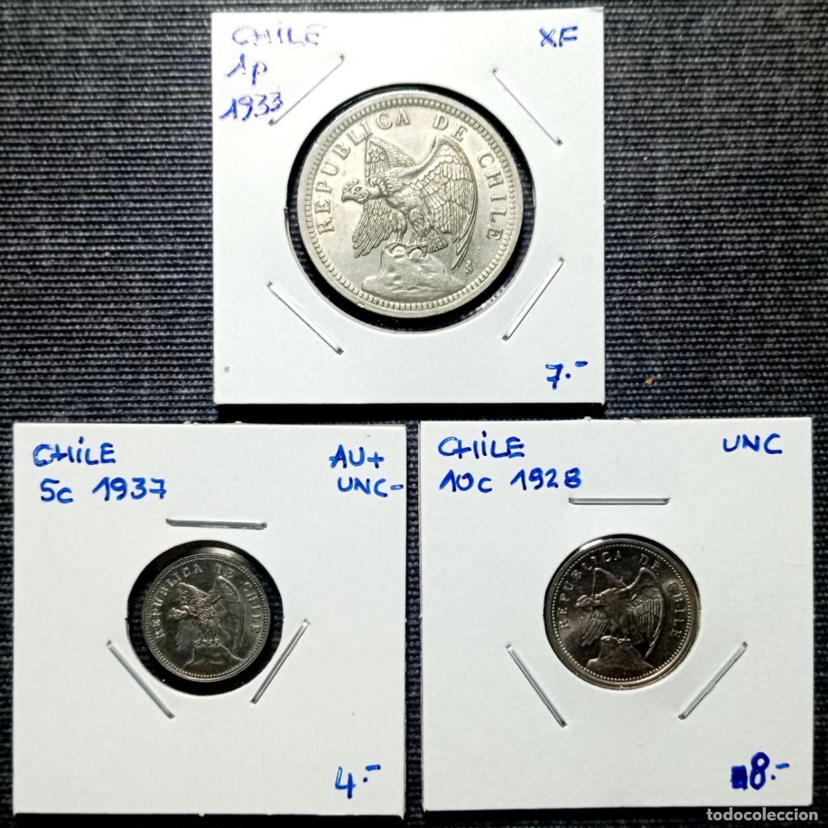 Monedas antiguas de Am&eacute;rica: Lote 3 Monedas de Chile 1928-1937: 1 Peso 1933 XF + 10c 1928 UNC + 5c 1937 AU+