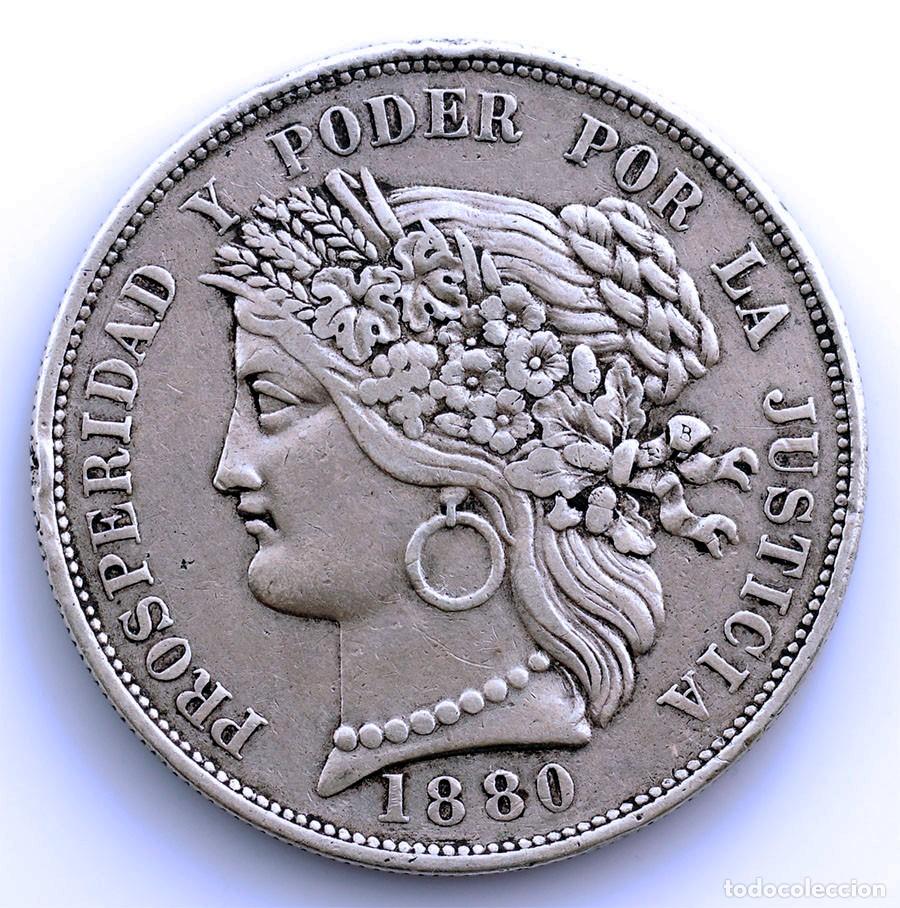 Monedas antiguas de Am&eacute;rica: SC. Republica Peruana - 5 Pesetas peruanas 1880 Lima. Plata 24,6 g. Escasa