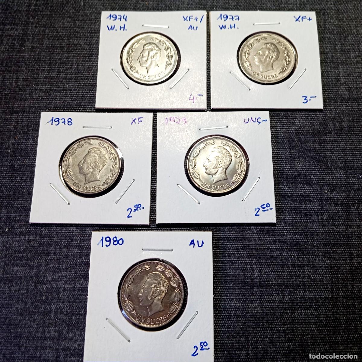 Monedas antiguas de Am&eacute;rica: Lote 5 Monedas de Un Sucre Ecuador 1974 1977 1978 1979 1980 XF a UNC-