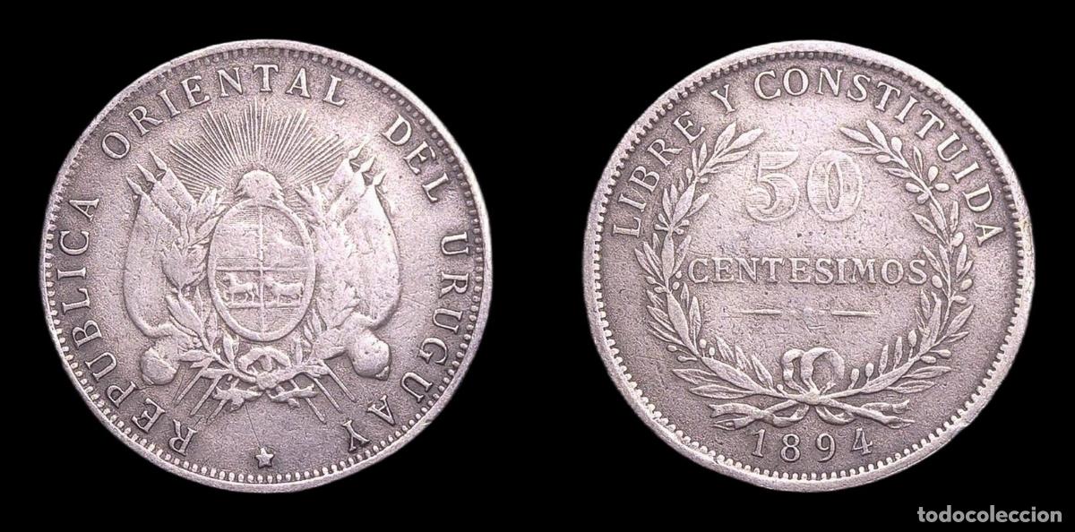 Monedas antiguas de Am&eacute;rica: URUGUAY 50 CENTESIMOS 1894 MBC-/MBC PLATA