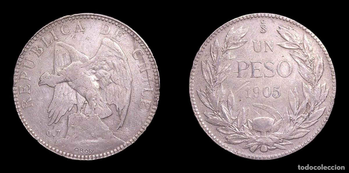 Monedas antiguas de Am&eacute;rica: CHILE 1 PESO 1905 BC+ PLATA