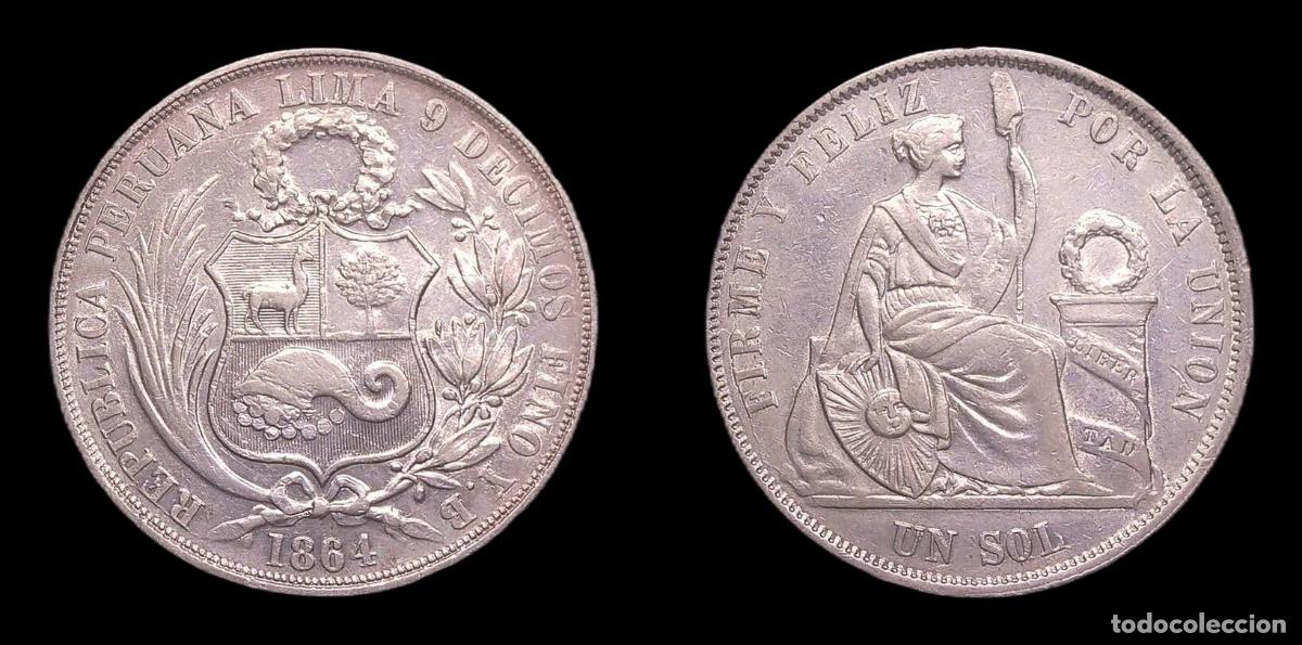 Monedas antiguas de Am&eacute;rica: PERU LIMA 1 SOL 1864 YB - Foto 2