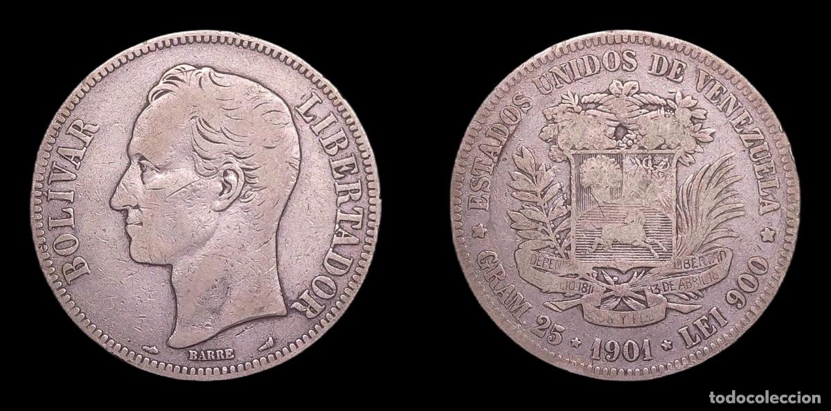 Monedas antiguas de Am&eacute;rica: VENEZUELA 5 BOLIVARES 1901