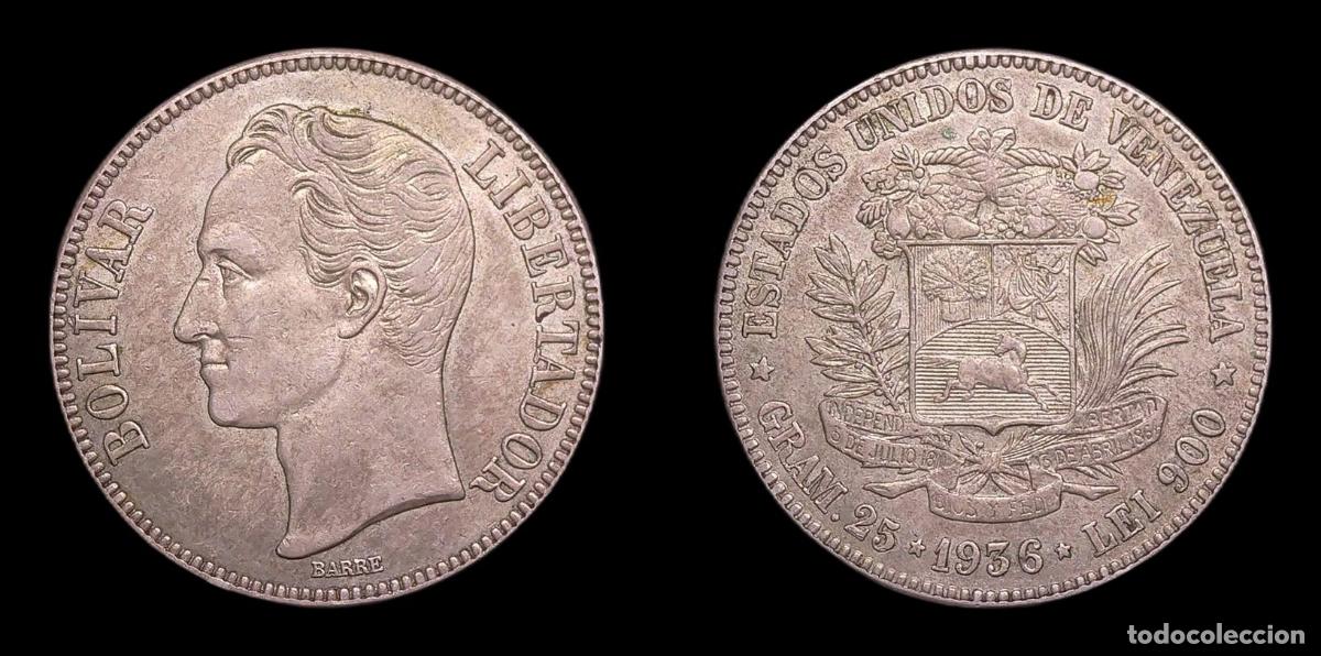 Monedas antiguas de Am&eacute;rica: VENEZUELA 5 BOLIVARES 1936