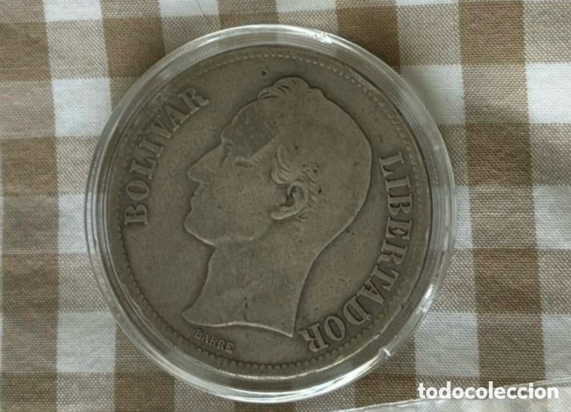 Monedas antiguas de Am&eacute;rica: Cinco bol&iacute;vares de plata. Moneda grande.