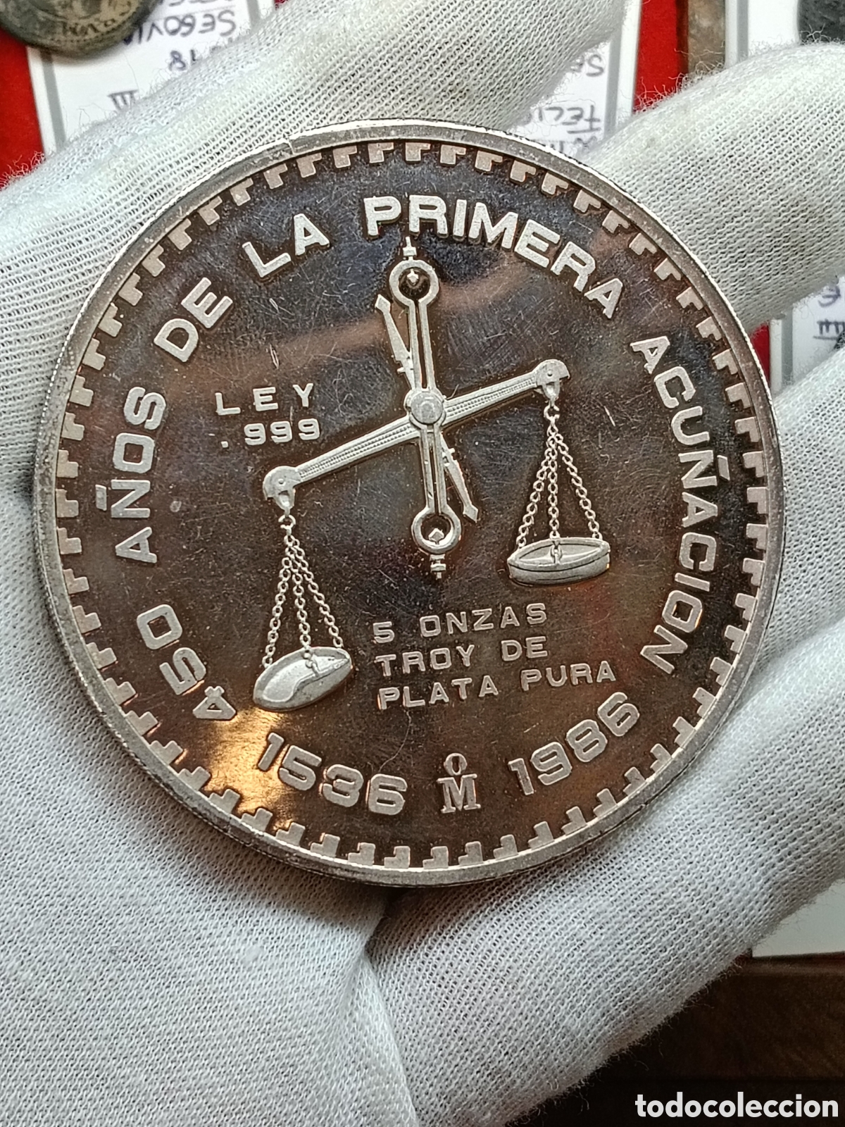 Monedas antiguas de Am&eacute;rica: 5 ONZAS PLATA PURA 999.A&Ntilde;O 1986. 450 ANIVERSARIO DE LA PRIMERA ACU&Ntilde;ACION.CASA DE LA MONEDA DE MEXICO