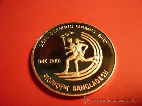 Monnaies anciennes d'Asie: BANGLADESH , ONE TAKA - 25TH OLYMPIC GAMES 1992 - PLATA - BRILLO ESPEJO