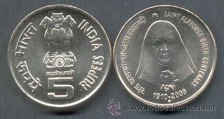 Monedas antiguas de Asia: India 5 rupias Saint Alphonsa 2009 - Foto 1