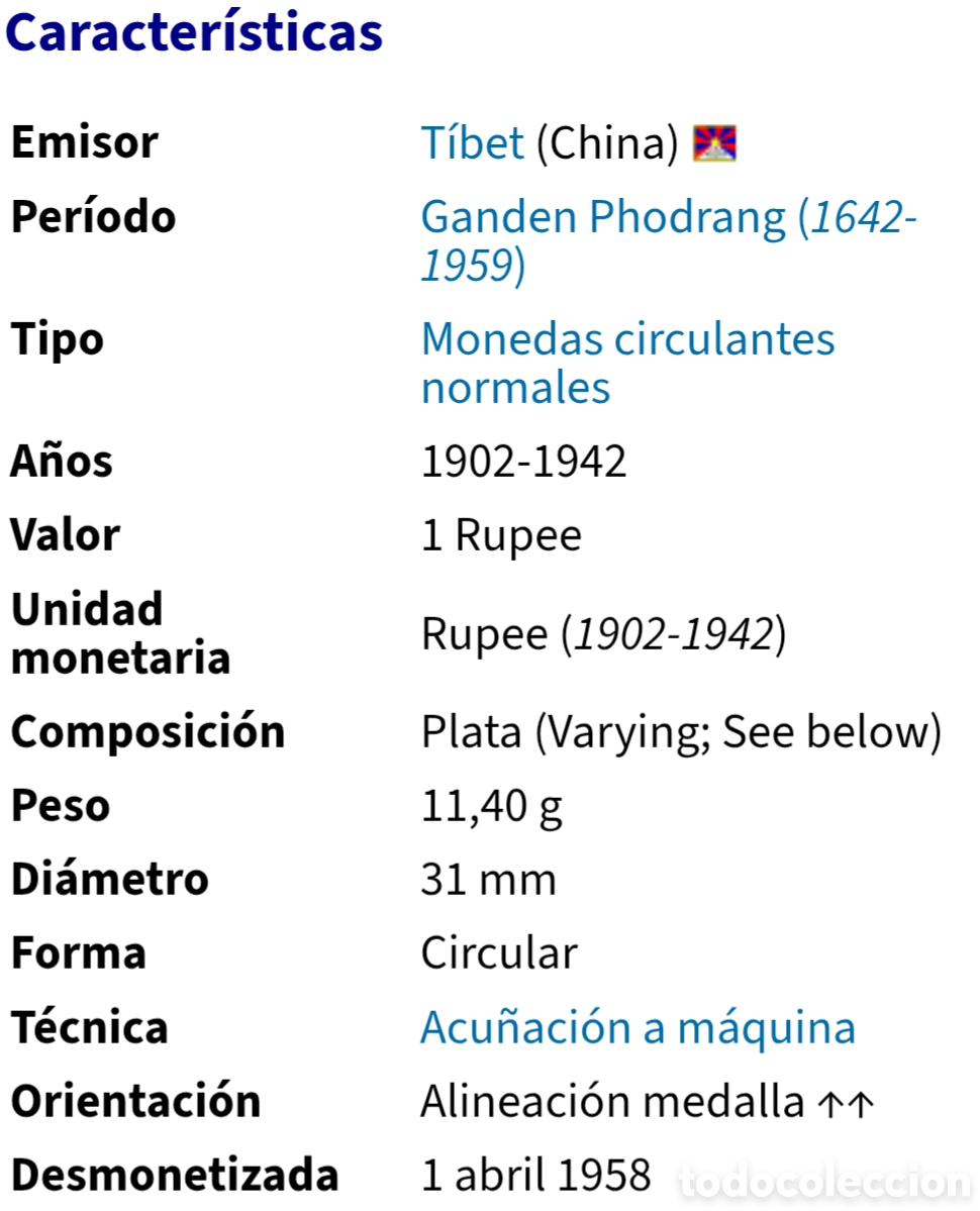 Monedas antiguas de Asia: Moneda de plata 1 rupia T&iacute;bet - Foto 3