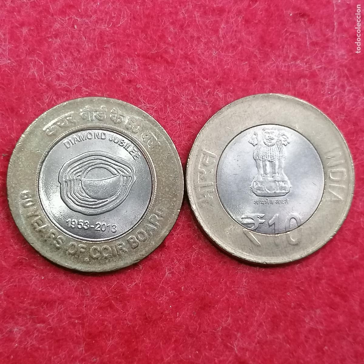Monedas antiguas de Asia: India 10 rupias 2013, una moneda, 60 a&ntilde;os tablero de fibra de coco, bimet&aacute;lica 69626 MO