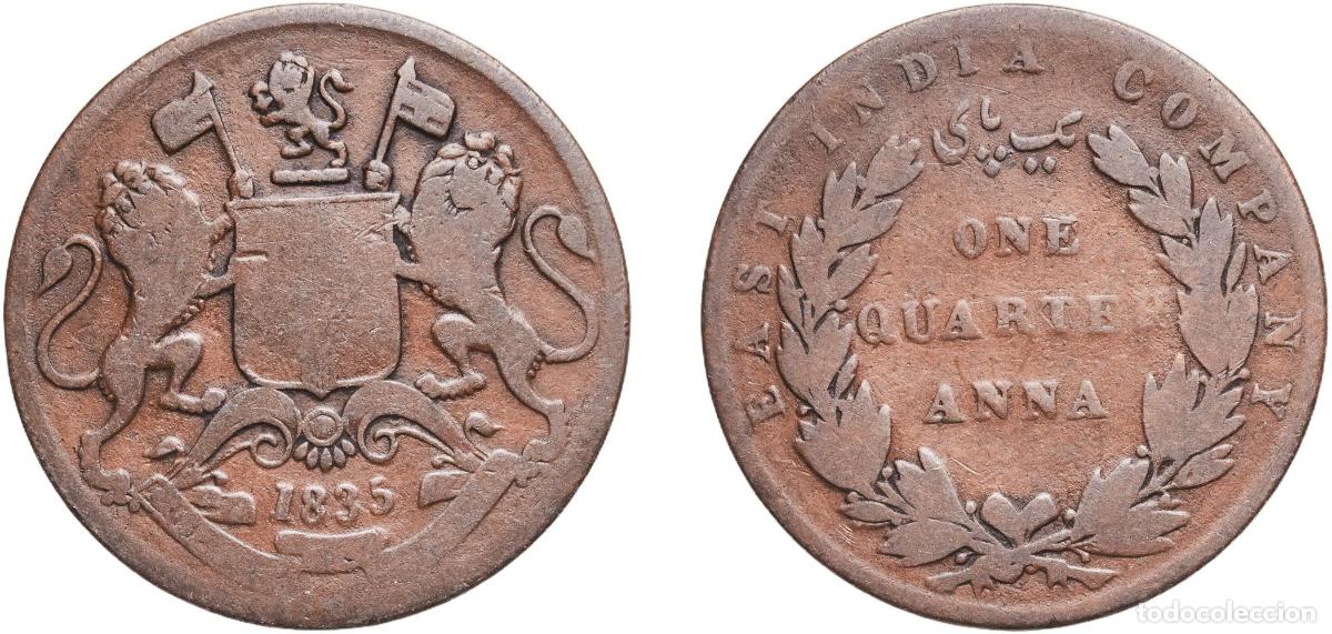 Monedas antiguas de Asia: India British Raj 1835 (m) &frac14; Anna - King William IV & Queen Victoria Copper Chennai / Madras Mint 6