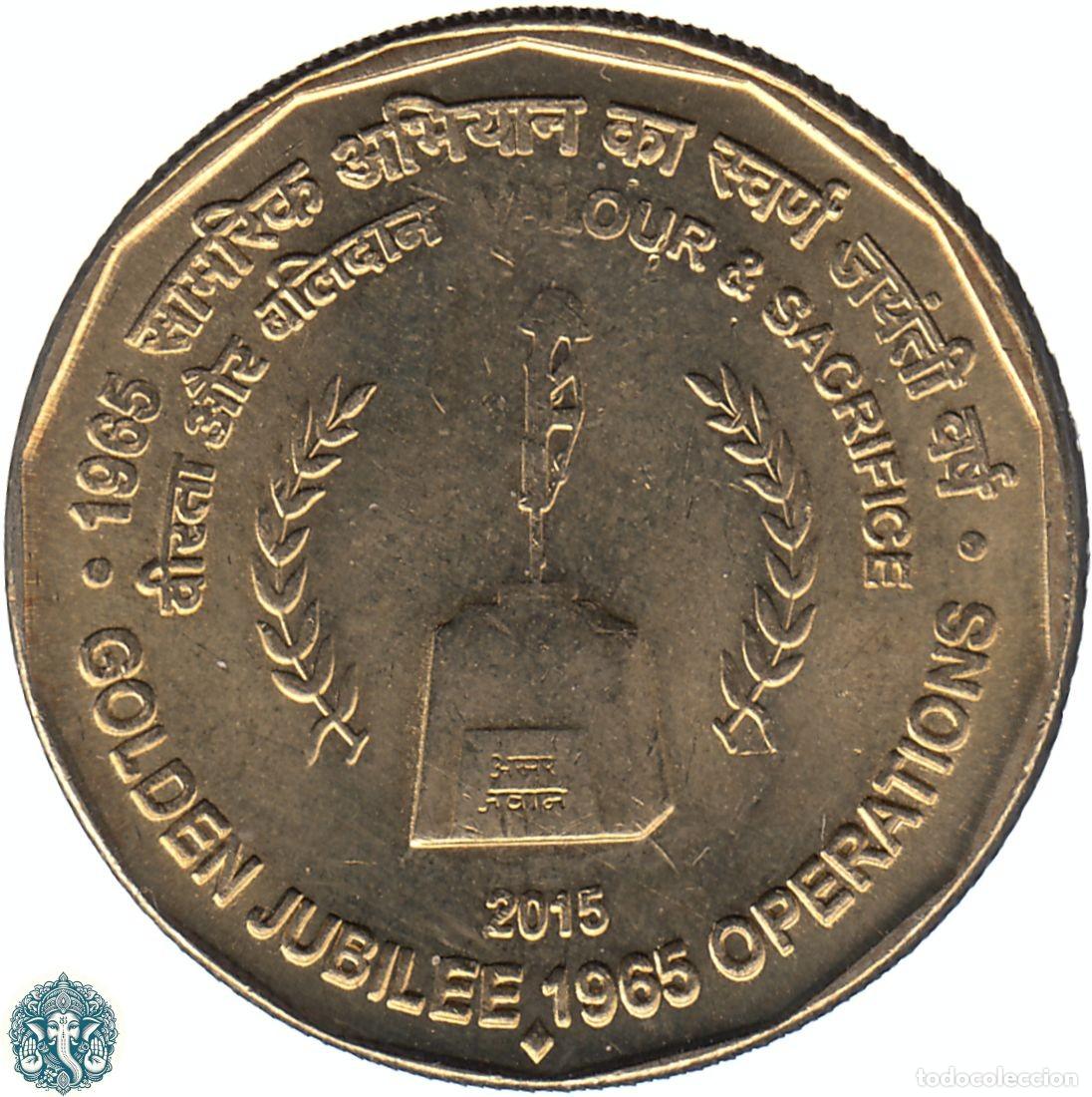 Monedas antiguas de Asia: INDIA 5 Rupias 2015 Ceca Bombai &diams; Bodas de oro de las operaciones de 1965 KM#447