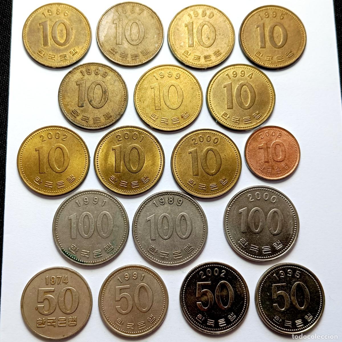 Monedas antiguas de Asia: ⚜️ K02 109. Corea del Sur. Lote de 18 monedas diferentes desde 1974. 75 g