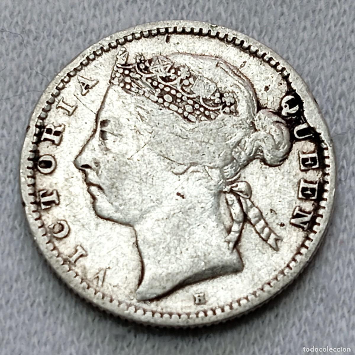 Monedas antiguas de Asia: ⚜️ BBD4 4. Plata. Victoria I. Asentamientos de los Estrechos. 10 cents 1890 H. 2,70 g