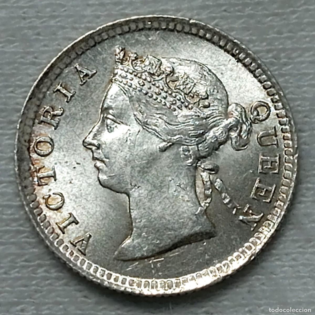 Monedas antiguas de Asia: ⚜️ BBD4 1. Plata. Asentamientos de los Estrechos. Victoria I. 5 cents 1895. 1,37 g. AU+ / UNC-