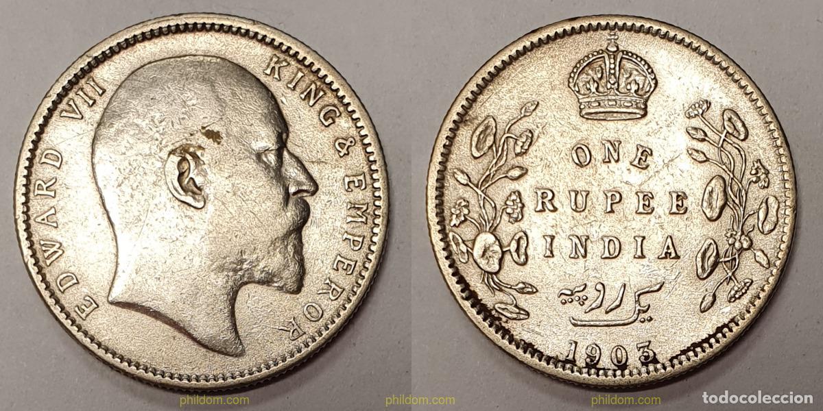 Monedas antiguas de Asia: 1122 INDIA 1905 INDIA 1 RUPEES 1905 SILVER