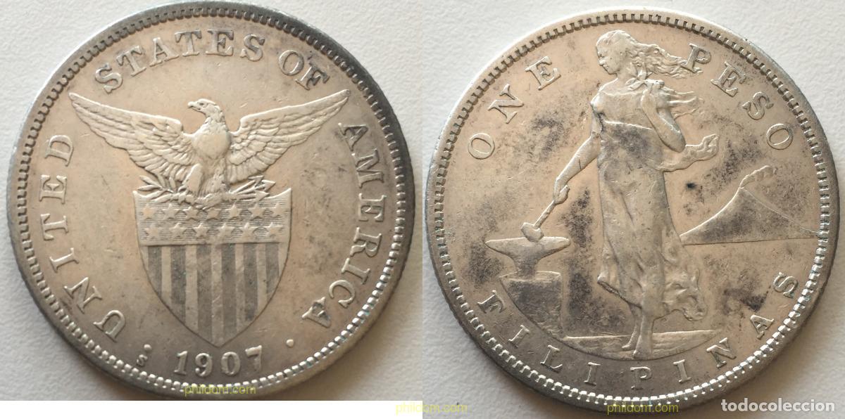 Monedas antiguas de Asia: 1667 FILIPINAS 1907 1 PESO FILIPINAS 1907 SILVER PLATA PHILDOM