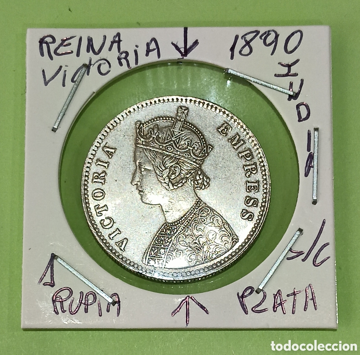Monedas antiguas de Asia: Rara Variante Moneda 1 Rupia de Plata Reina Victoria 1890 India.