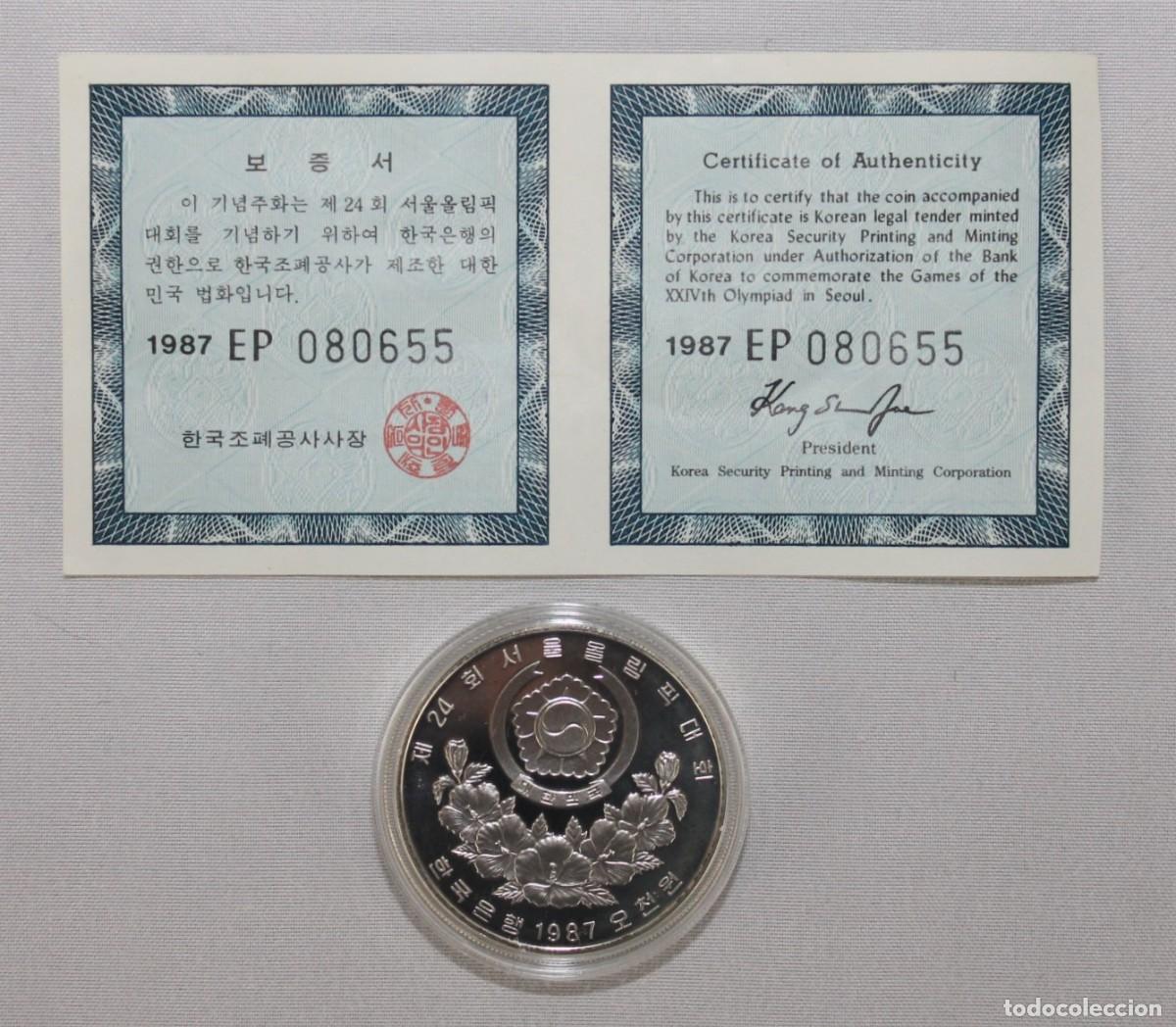 Monedas antiguas de Asia: Moneda plata 5000 Won Corea 1987. Olimpiadas Se&uacute;l 1988. Proof con certificado