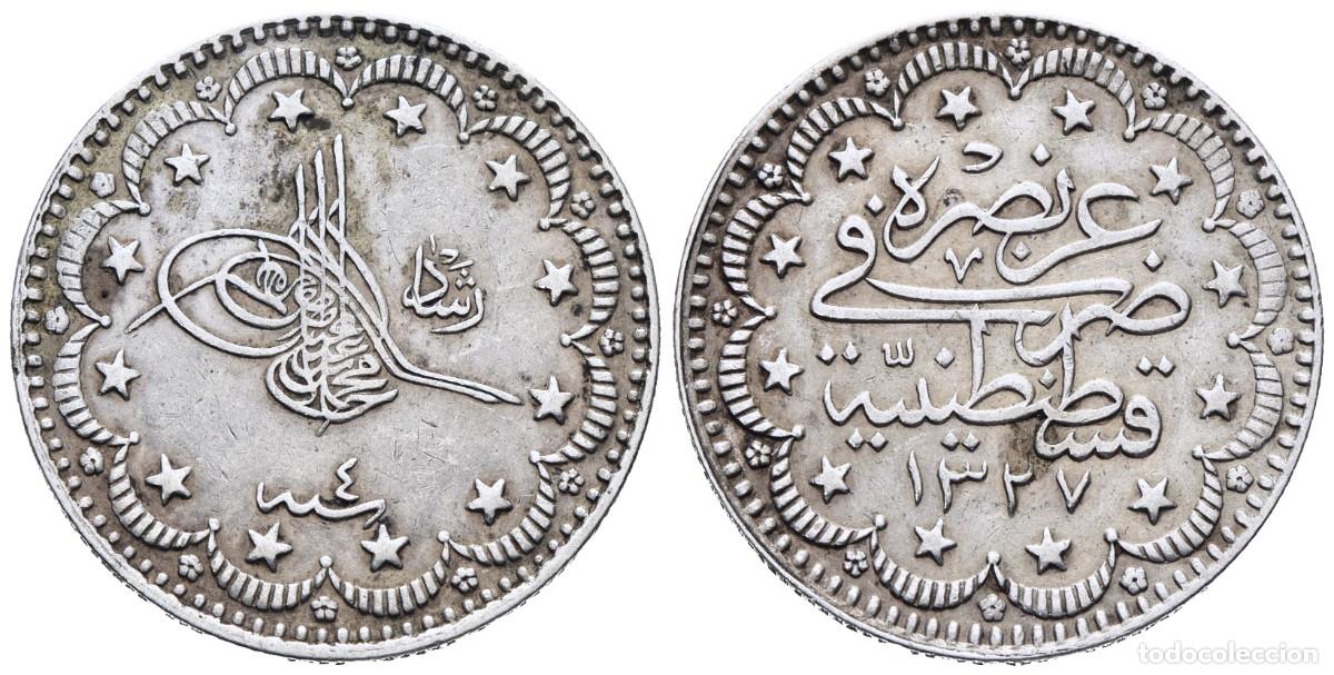 Monedas antiguas de Asia: *** BONITOS 5 KURUSH DE MEHMED V READ. 1327H (1911). IMPERIO OTOMANO. KM#750. PLATA ***