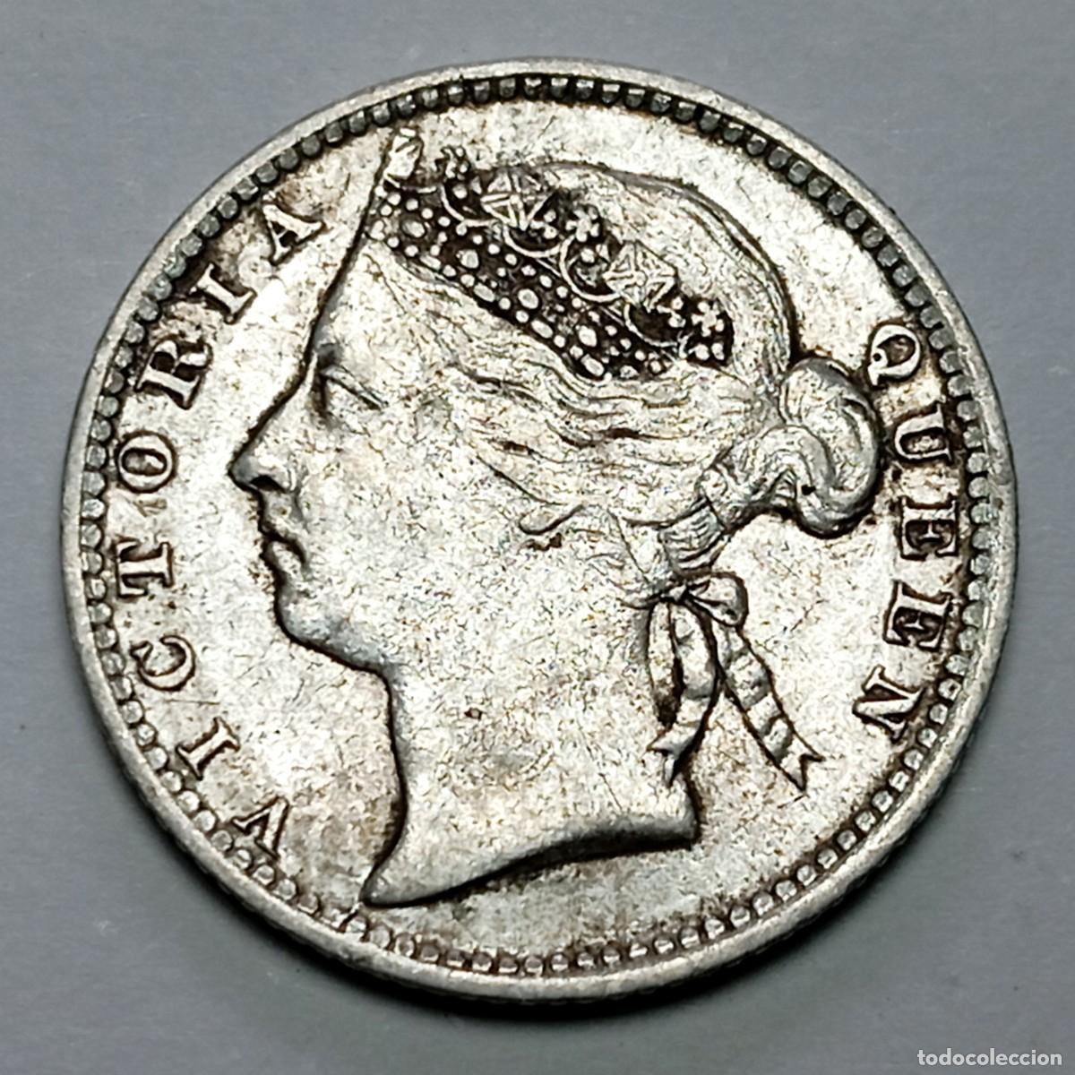 Monedas antiguas de Asia: ⚜️ BBE0 3. PLATA. Victoria I. Asentamientos de los Estrechos. 10 cents 1895. 2,71 g