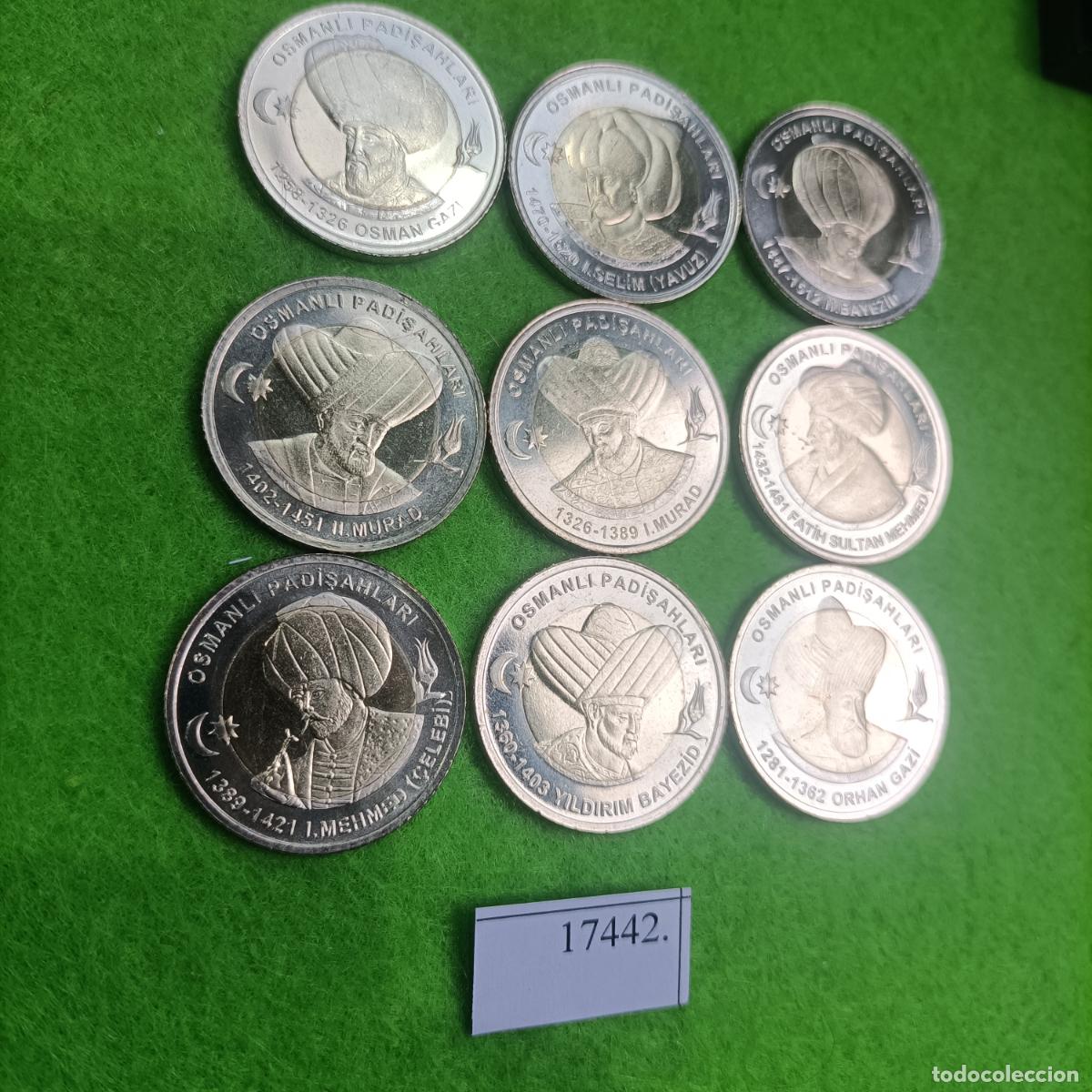 Monedas antiguas de Asia: Turquia serie 1 lira 2024, sultanes Imperio Otomano, 9 monedas bimet&aacute;licas