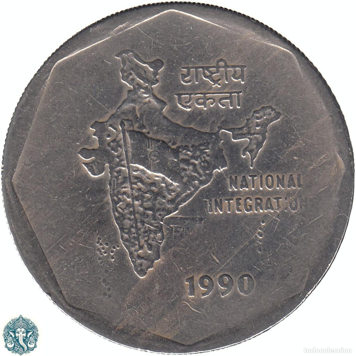 Monedas antiguas de Asia: INDIA 2 Rupias 1990 Ceca Calcuta KM#121.2