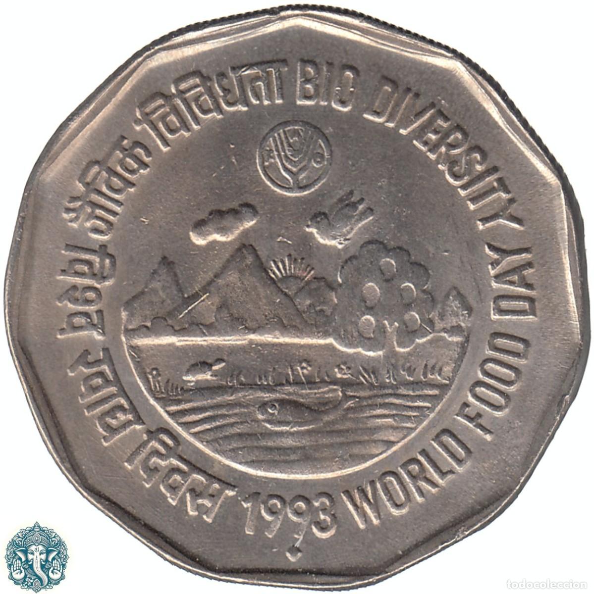 Monedas antiguas de Asia: INDIA 2 Rupias 1993 Ceca &diams; Bombay FAO &ndash; Biodiversidad KM#125