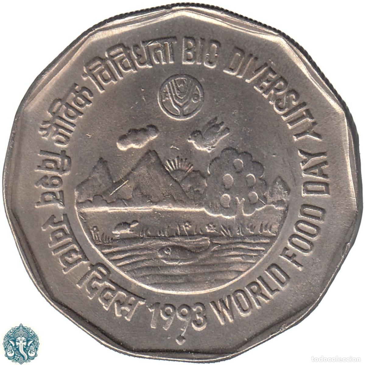 Monedas antiguas de Asia: INDIA 2 Rupias 1993 Ceca &diams; Bombay FAO &ndash; Biodiversidad KM#125