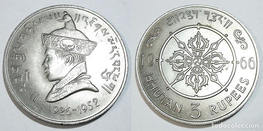 Moedas antigas da &Aacute;sia: BUTAN - 3 RUPIAS - 1966 - CUPRO/N&Iacute;QUEL - NO CIRCULADA