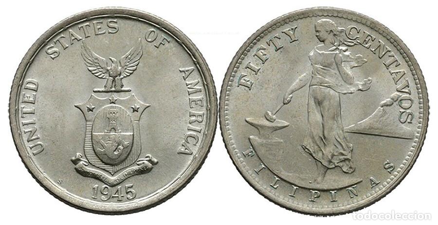 Moedas antigas da &Aacute;sia: FILIPINAS - 50 CENTAVOS - 1945 - NO CIRCULADA - PLATA
