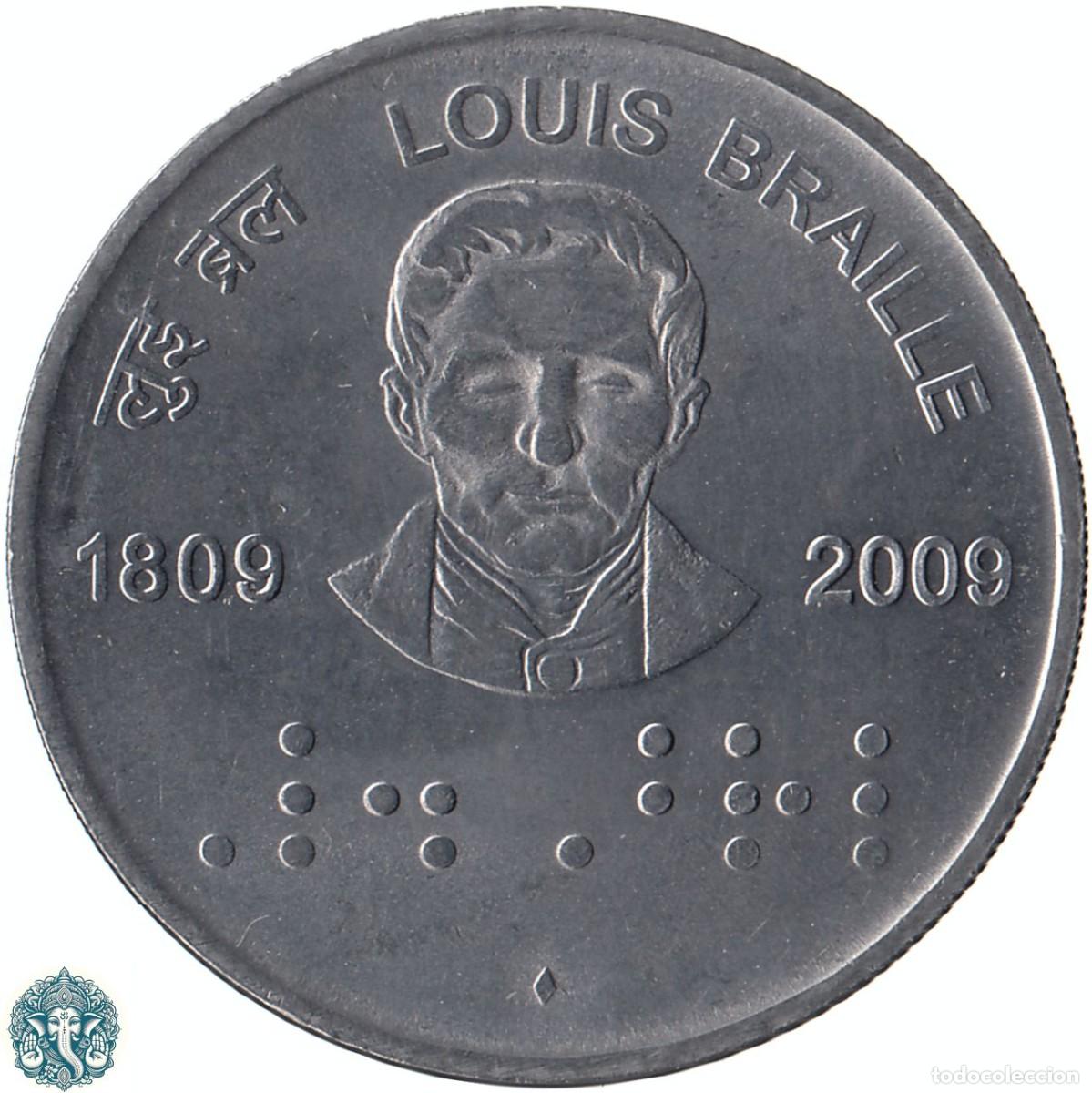 Monedas antiguas de Asia: INDIA 2 Rupias 2009 Ceca &diams; Bombay 200 aniversario nacimiento de Louis Braille KM#368