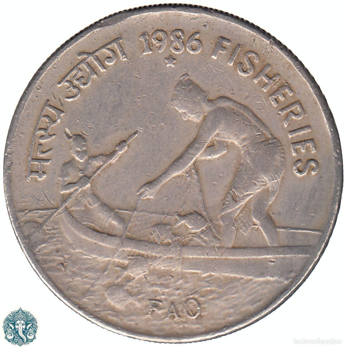 Monedas antiguas de Asia: INDIA 50 Paise 1986 Ceca ☆ Hyderabad FAO - Pesca KM#68.1