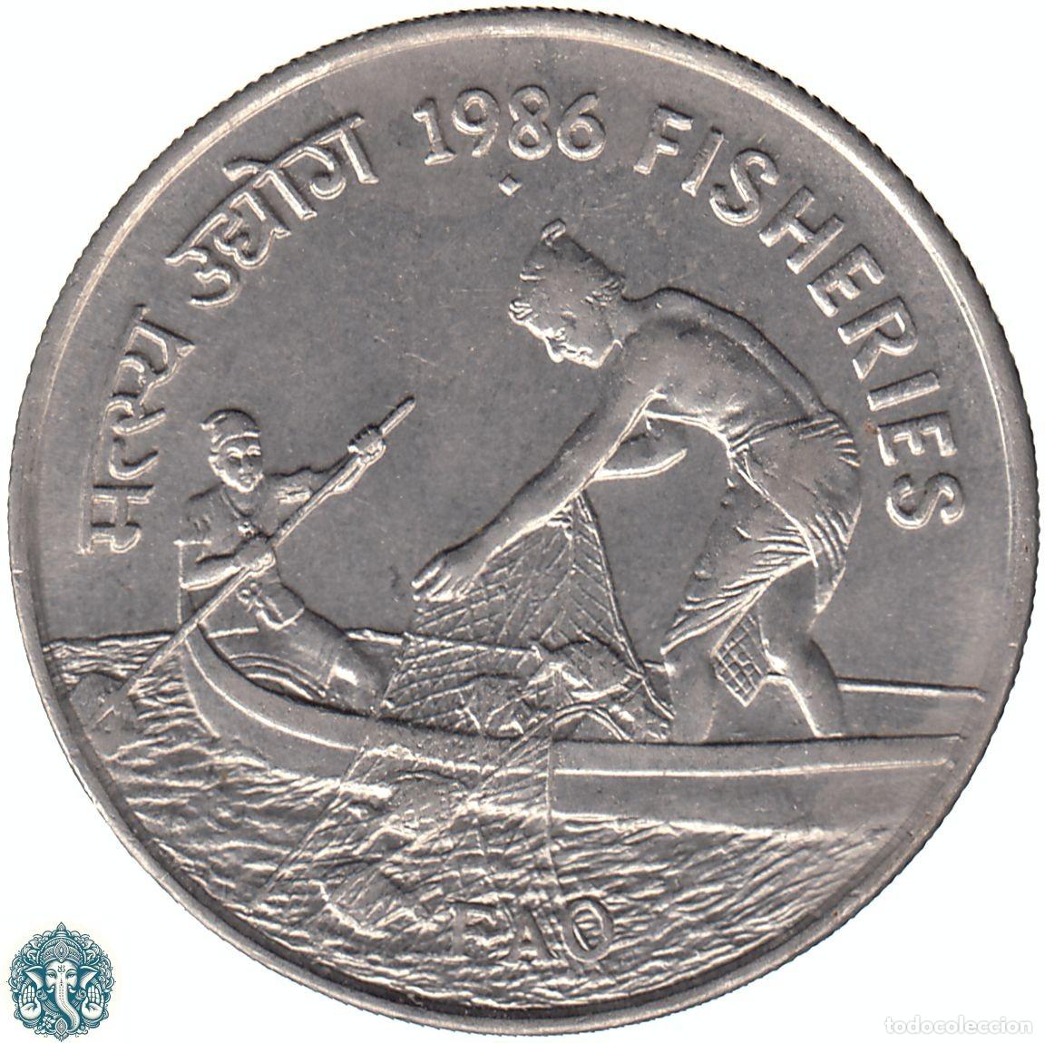 Monedas antiguas de Asia: INDIA 50 Paise 1986 Ceca &diams; Bombay FAO - Pesca KM#68.1