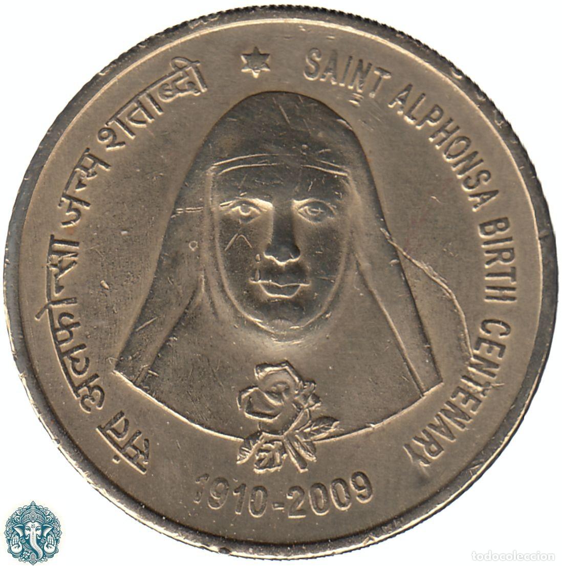 Monedas antiguas de Asia: INDIA 5 Rupias 2009 Ceca Calcuta 100 aniversario - Nacimiento de Santa Alfonsa KM#365