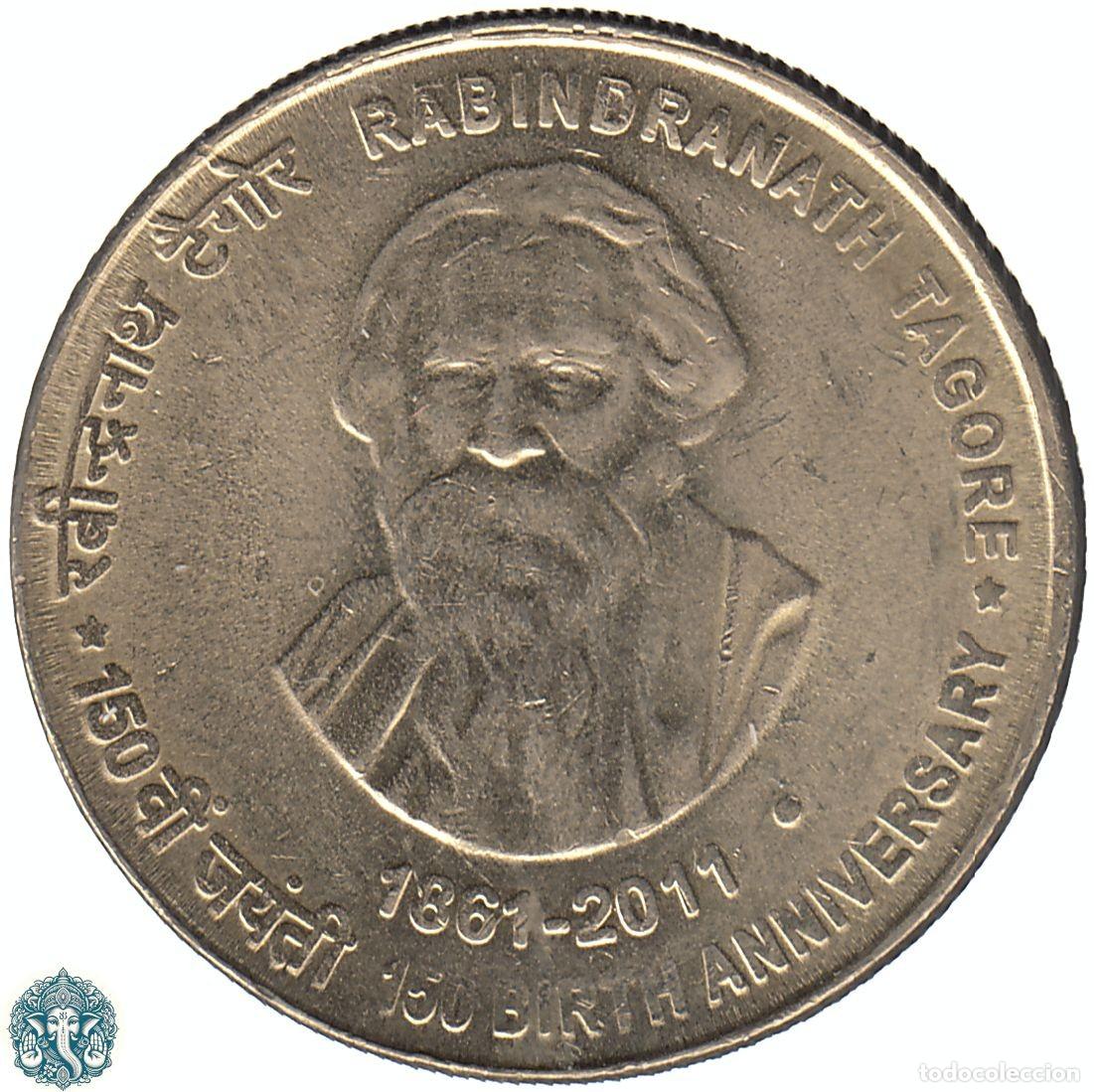 Monedas antiguas de Asia: INDIA 5 Rupias 2011 Ceca ● Noida 150&ordm; aniversario - Nacimiento de Rabindranath Tagore KM#393