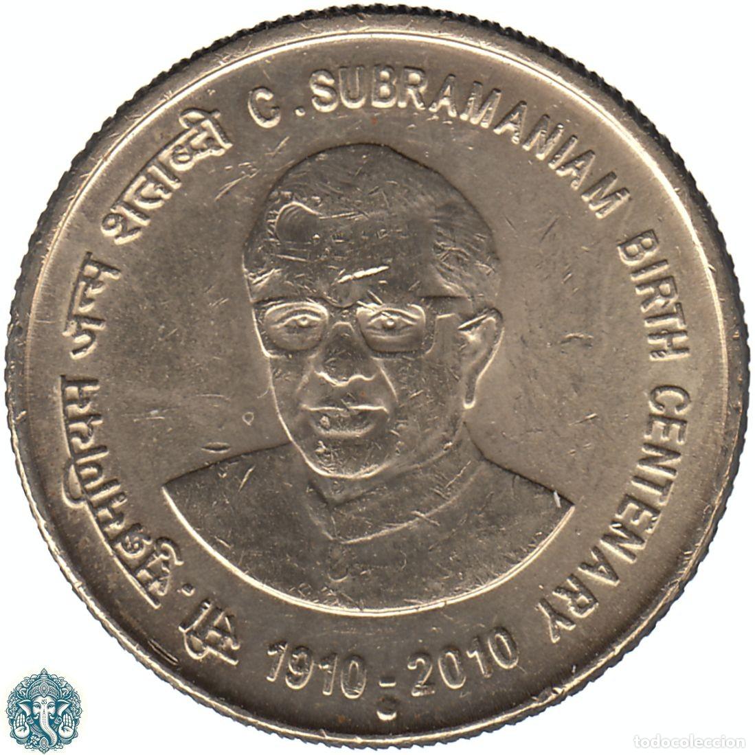 Monedas antiguas de Asia: INDIA 5 Rupias 2010 Ceca ● Noida 100&ordm; Aniversario - Nacimiento de Chidambaram KM#377